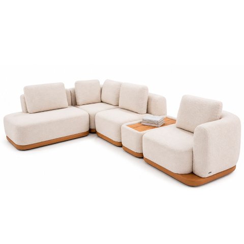 Sofá Espanhol 7 Lugares Modulado de Canto 245cm x 382cm Courino Caramelo | Bouclé Off White - Sallar