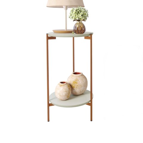 Conjunto Mesa Lunis Sala Abajur Pés Metal Off White/bronze