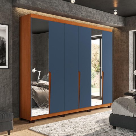 Roupeiro Casal Porto 6 Portas com Espelho 242x214cm Freijó/Azul 240848