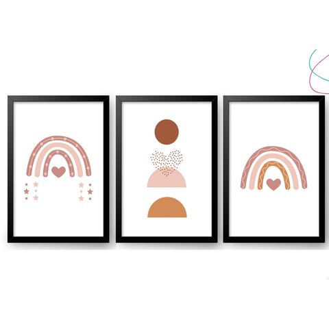 Kit com 3 Quadros Decorativos Arco-íris Escandinavo Moldura: Preta