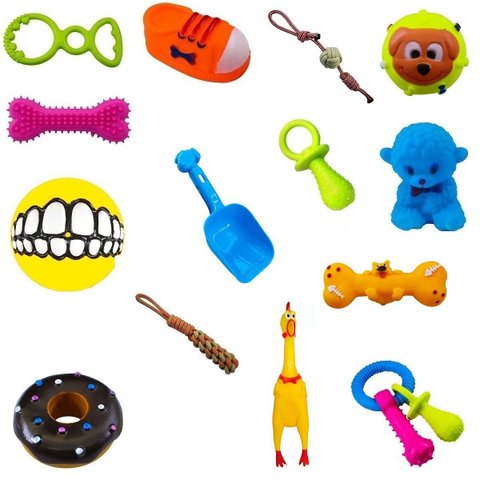 Kit 12 Brinquedos Borracha Mordedor Corda para Pet Cachorro Dog Variados e Pá para Ração