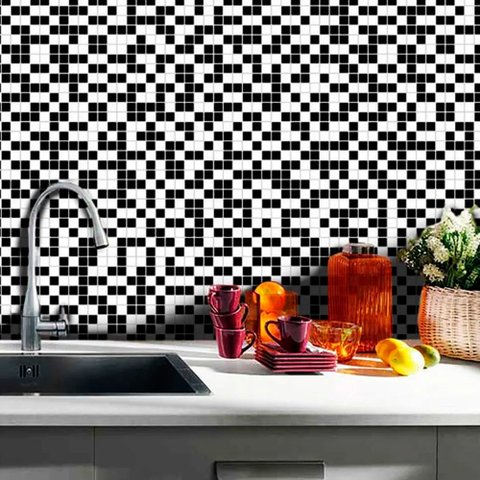 Saldão - Papel de Parede Pastilha para Cozinha Clássica Mix Branco e Preto