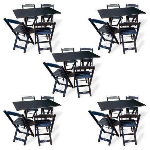 Kit de 5 Conjuntos de Mesa Dobrável 70x110 com 4 Cadeiras Preto - Cor: Preto