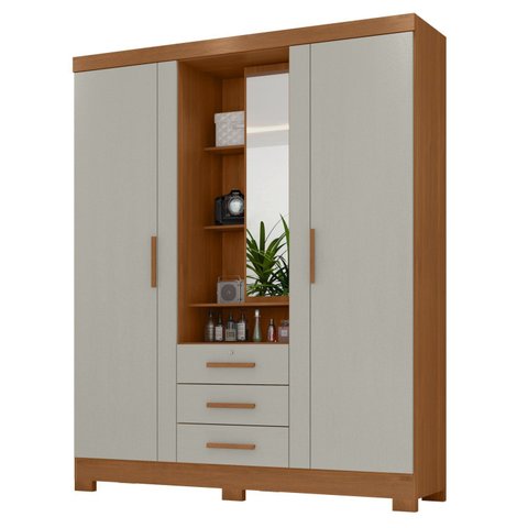 Guarda Roupa Solteiro Capelinha Premium 3 Portas de Bater 3 Gavetas Bege/Cinamomo/Areia
