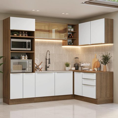 Armário de Cozinha Completa de Canto 416 Cm Rustic/branco Veludo Lux Madesa 01