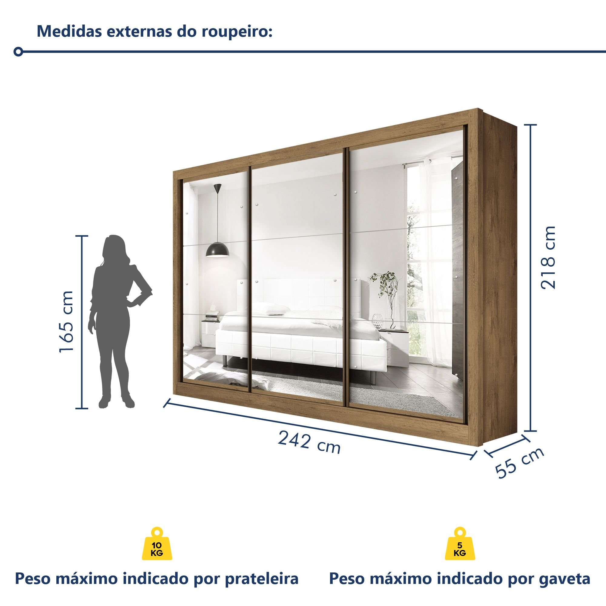 Guarda Roupa Casal Premium Lux 242cm com Espelho 3 Portas 6 Gavetas Espresso Móveis       - 10