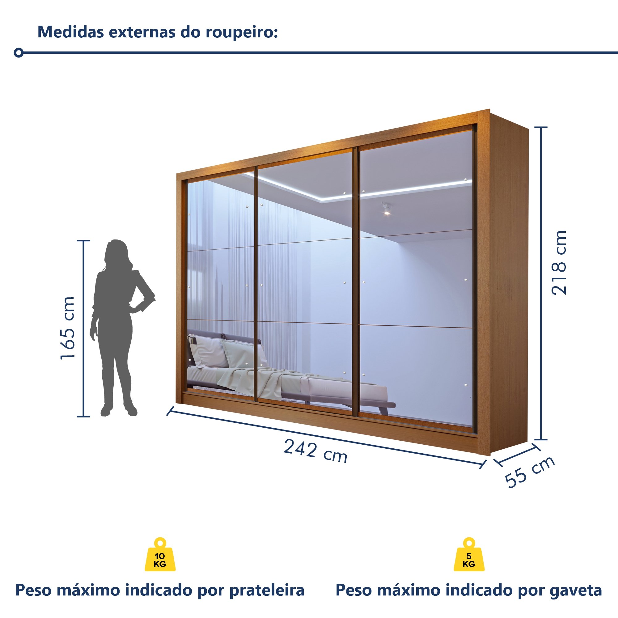 Guarda Roupa Casal Premium Lux 242cm com Espelho 3 Portas 6 Gavetas Espresso Móveis     - 10