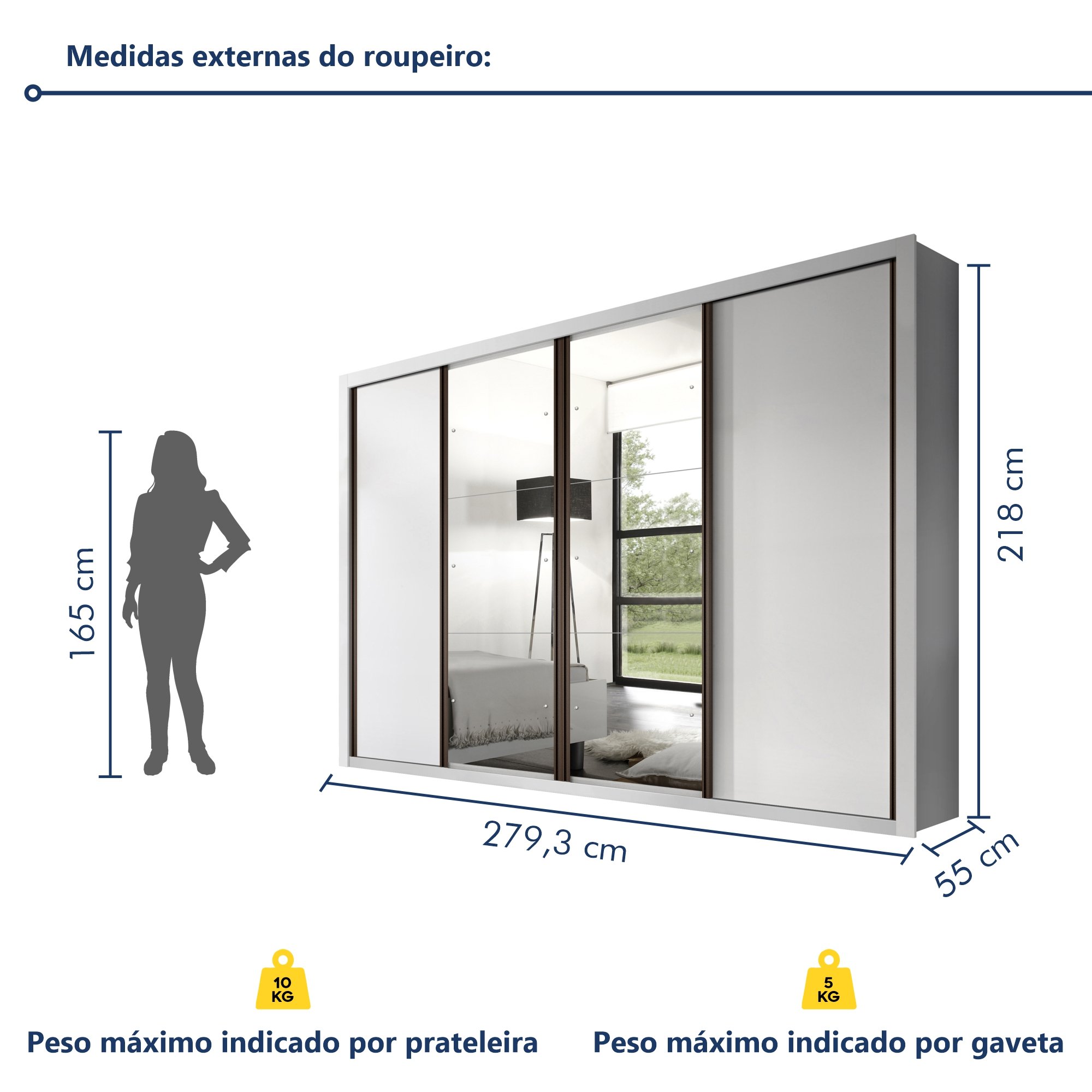 Guarda Roupa Casal Premium Zara 279,3cm com Espelho 4 Portas 4 Gavetas Espresso Móveis     - 8