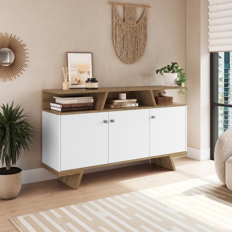 Aparador Buffet Nobu 3 Portas 3 Nichos Capacidade 35kg 135cm MDP Branco e Mel - Emovell