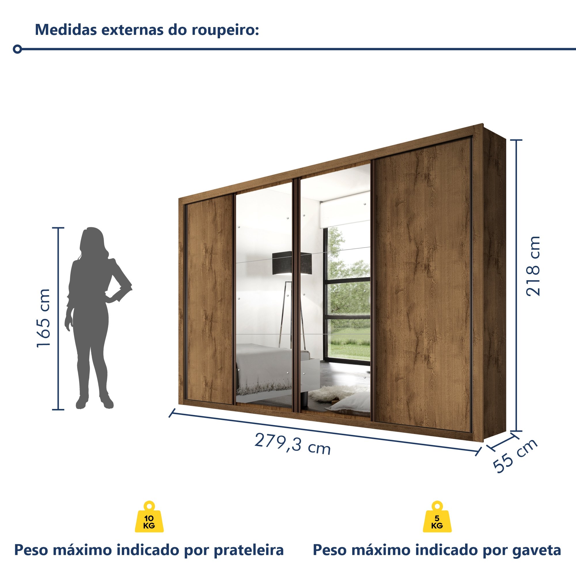 Guarda Roupa Casal Premium Zara 279,3cm com Espelho 4 Portas 4 Gavetas Espresso Móveis     - 8