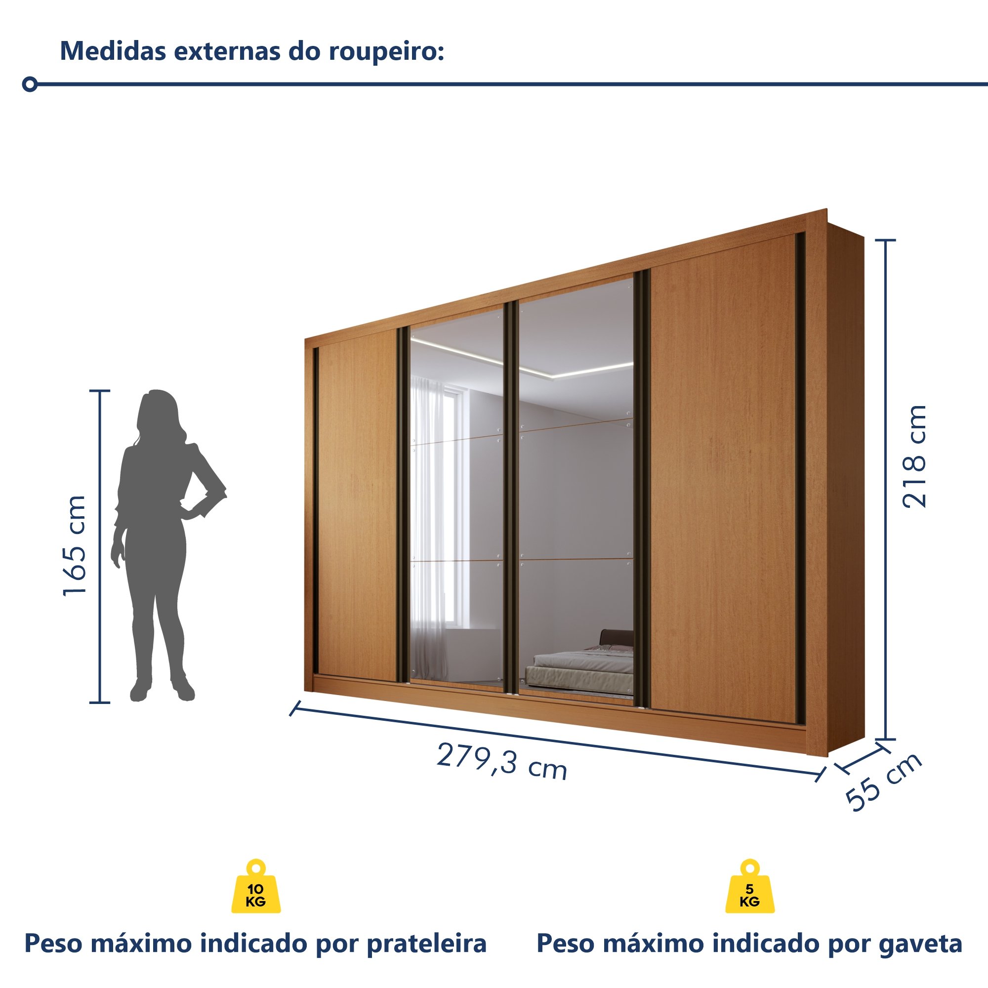 Guarda Roupa Casal Premium Zara 279,3cm com Espelho 4 Portas 4 Gavetas Espresso Móveis     - 8