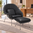 Ver imagem 1 de Poltrona Womb Chair com Puff em Couro Ecológico - Preto