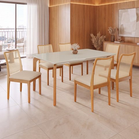 Conjunto Sala de Jantar Mesa 180x100cm Madeira e MDF com Vidro e 6 Cadeiras Madeira Maciça Londres