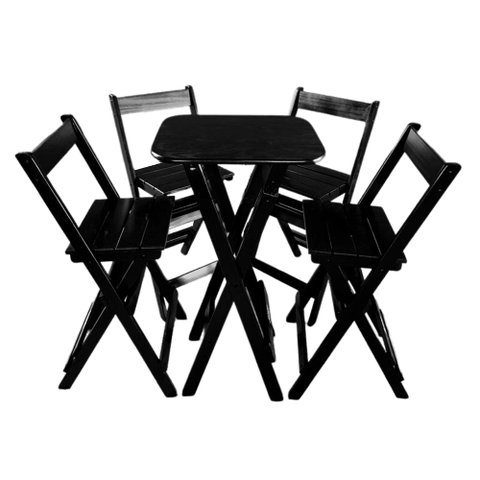 Conjunto de Mesa Bistrô para Bar Dobrável com 4 Cadeiras em Madeira Maciça - Preto