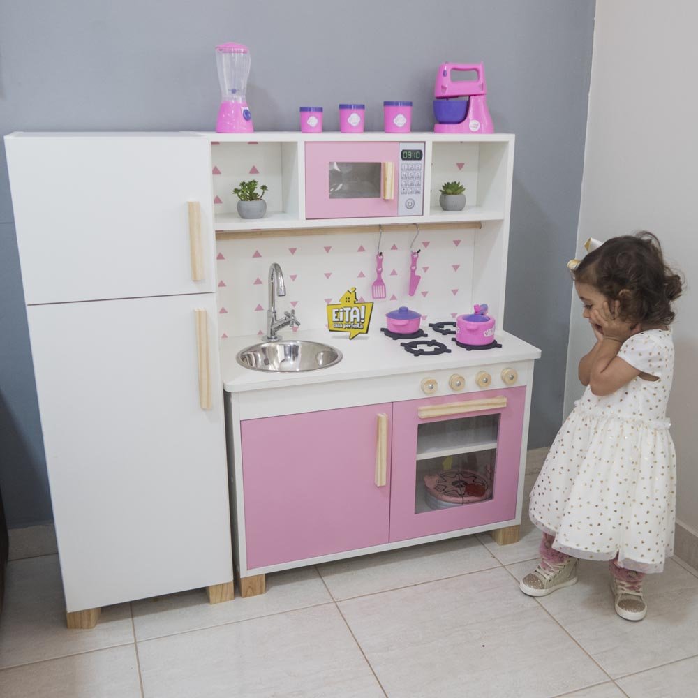 Kit Cozinha Infantil com Geladeira Eita Casa Perfeita Rosa - 3