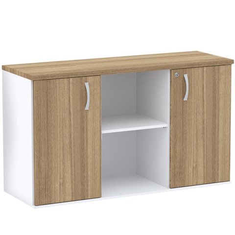 Armário Baixo Credenza PE25 Pandin 121,50 cm (largura) em MDP Cor Noce Naturalle e Branco com Duas p