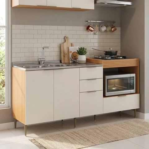 Balcão de Cozinha para Pia e Cooktop 4 Portas 2 Gavetas sem Tampo Casuá Angelin Premium/Off White