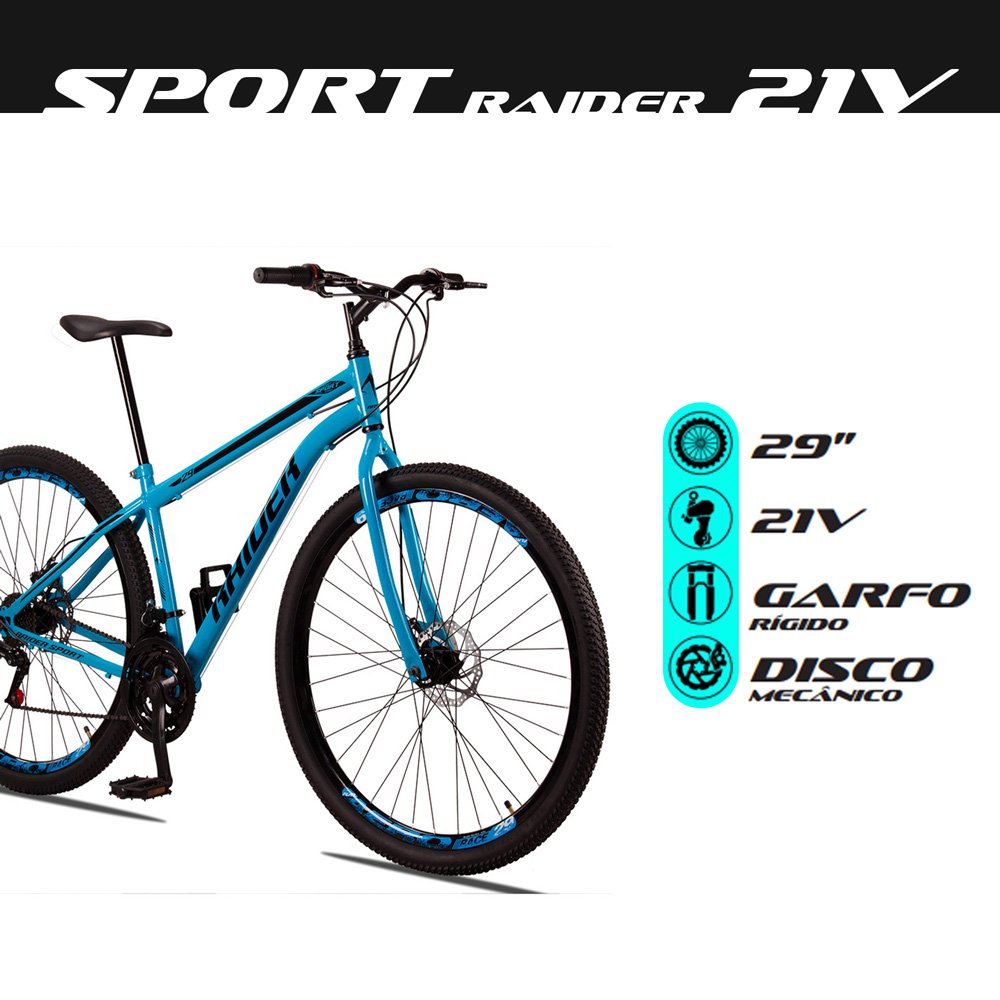 Bicicleta Sport Aro 29 Quadro 17 Aço 21 Marchas Freio a Disco Mecânico Azul Preto - Raider - 6