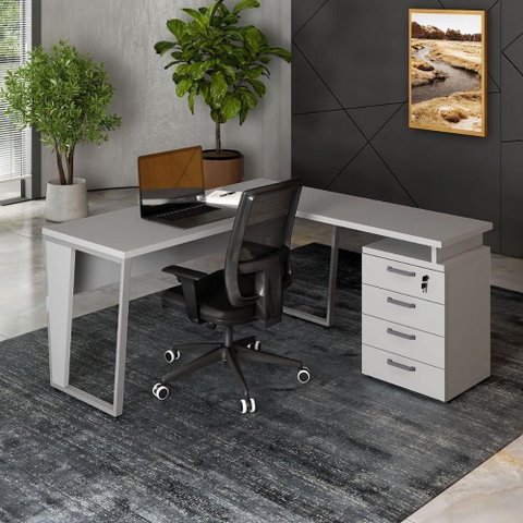 Mesa para Escritório em L Mesa L com Gaveteiro Moderno 4 Gavetas 150cm Cinza F5 Office
