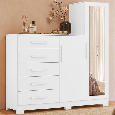 Cômoda para Quarto 5 Gavetas e 2 Portas com Espelho New Master