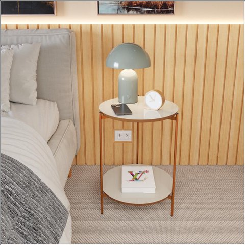 Mesa de Apoio Lateral Duda Off White Nature com Pés de Ferro Bronze Ofertamo