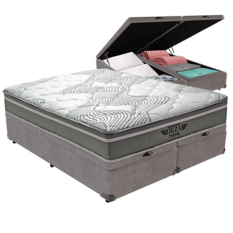 Cama Box com Baú Queen Bravus Pillow Top Molas Ensacadas Tecido Cinza Vtech
