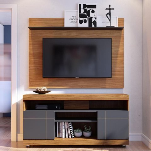 Rack para Sala com Painel para TV 55 pol Raya C04 Noce Milano Preto Fosco - Lyam Decor