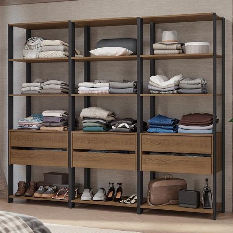 Guarda Roupa Closet Modulado 6 Gavetas 12 Prateleiras 210cm Valencia Rustic Preto