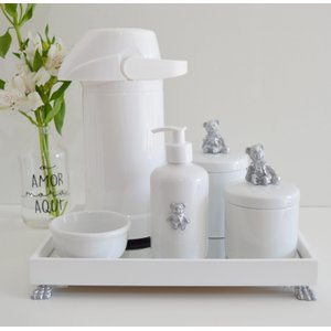 Kit Higiene Porcelana Prata Bebê Branco Bandeja Espelho Pote - Urso Prata