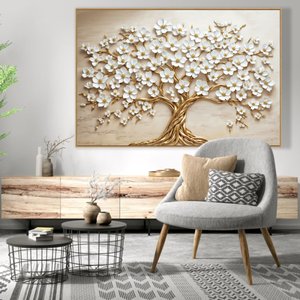 Quadro Decorativo Árvore da Vida Flores Brancas Sala Quarto Casa Escritório