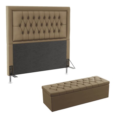 Kit Cabeceira Decorativa Para Cama Box Antares e Calçadeira Sagitarius 160 Para Cama Queen Sued Capu