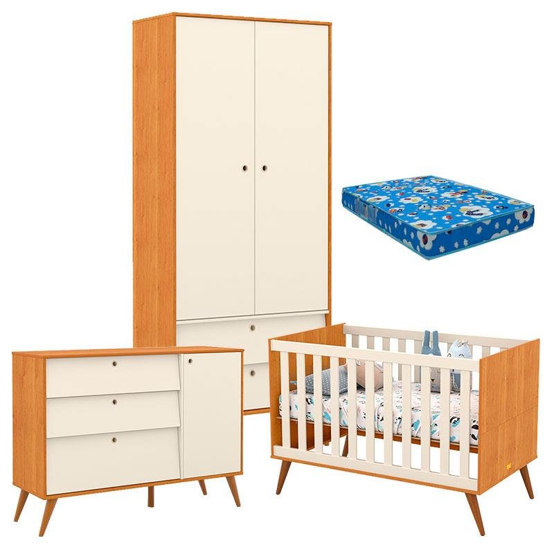 Quarto de Bebê Retro Gold 2 Portas Freijó Off White Eco Wood com ...