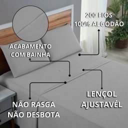 Lençol Casal Algodão 200 Fios 4 Peças Virol Cama Box Liso Toque Macio Hotel:cinza - 7