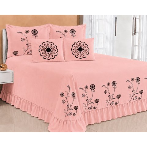 Kit Cobre Leito Casal Queen Encanto 07 Peças Bordado Colcha - Salmão