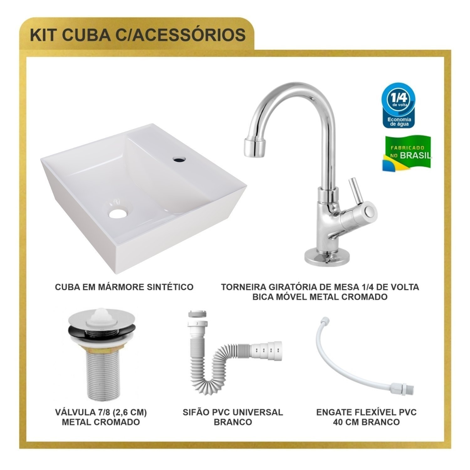Kit Cuba Aq33 Volcano com Torneira 1198 e Válvula Metal com Sifão e Flexível - 10