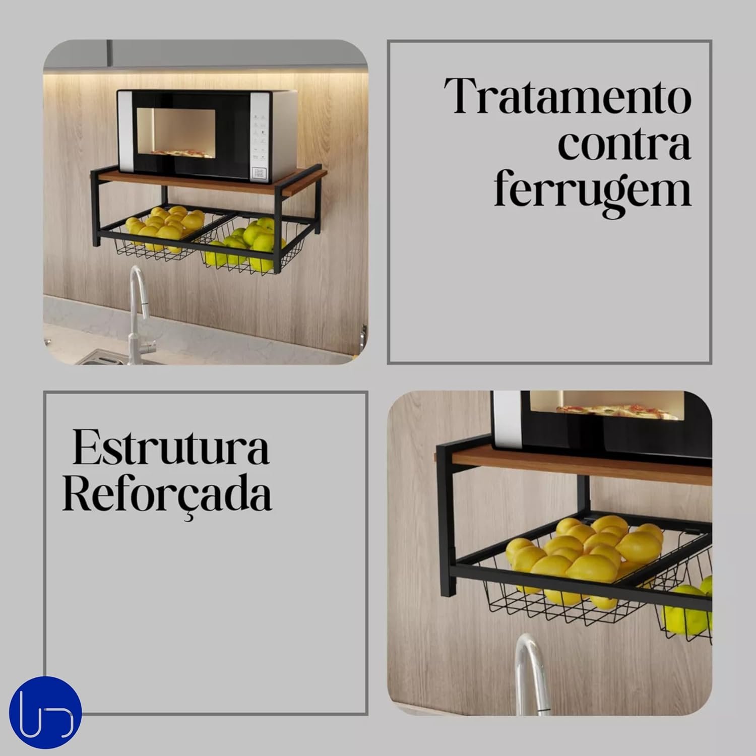 Fruteira de Parede com Suporte para Micro-ondas 2 Cestos Aço Preto Estilo Industrial Elegante Cozinh - 7