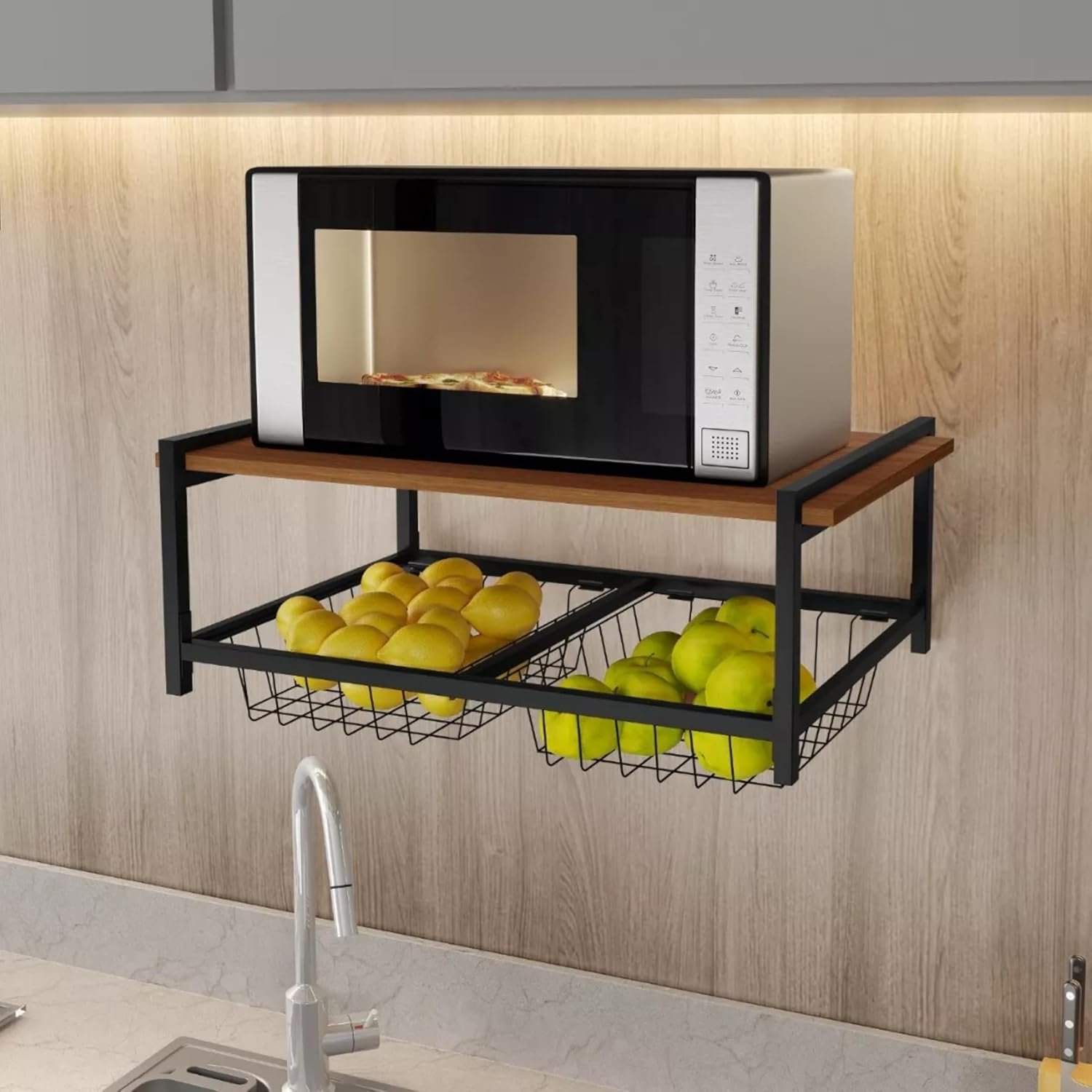 Fruteira de Parede com Suporte para Micro-ondas 2 Cestos Aço Preto Estilo Industrial Elegante Cozinh