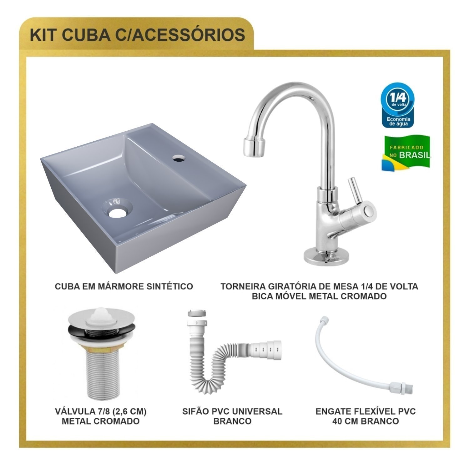 Kit Cuba Aq33 Volcano com Torneira 1198 e Válvula Metal com Sifão e Flexível - 10