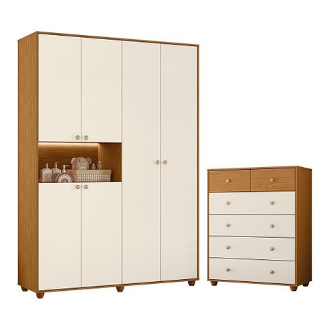 Jogo de Quarto Infantil Vittoria com Guarda Roupa e Cômoda Cinamomo/off White - Móveis Albatroz