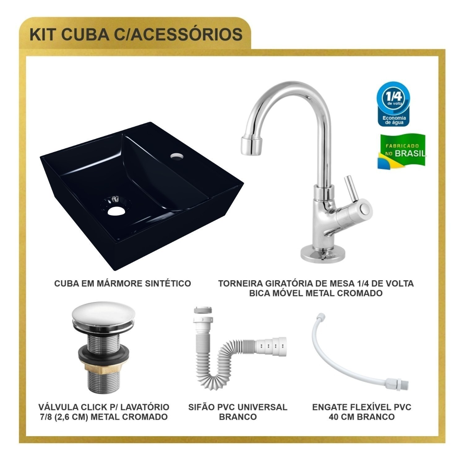 Kit Cuba Aq33 Volcano com Torneira 1198 e Válvula Click com Sifão e Flexível - 10