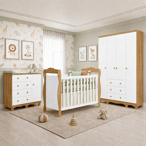 Quarto de Bebê Completo Berço 3 em 1 Guarda-Roupa Cômoda MDF Nina Espresso Móveis Amêndoa/Branco