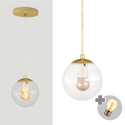 Pendente Ouro C/ Globo de Vidro Cristal de 14cm + Led 2w