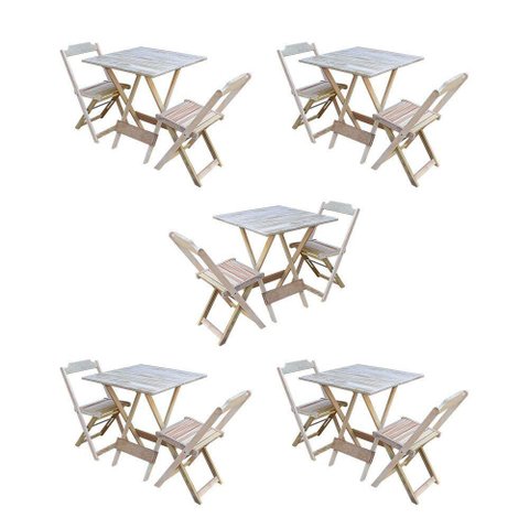 Kit 5 Conjuntos De Mesa Dobravel Com 2 Cadeiras De Madeira 70X70 Para Restaurante E Bar - Sem Pintur