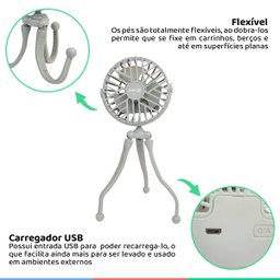 Mini Ventilador Portátil Multiuso Tripé Articulável Recarregável 3 Velocidades Silencioso - 3