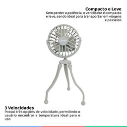 Mini Ventilador Portátil Multiuso Tripé Articulável Recarregável 3 Velocidades Silencioso - 2