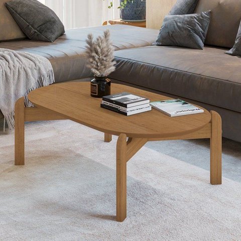 Mesa de Centro com Tampo Oval e Pés em Madeira Maciça Lizz Oblonga 100% MDF