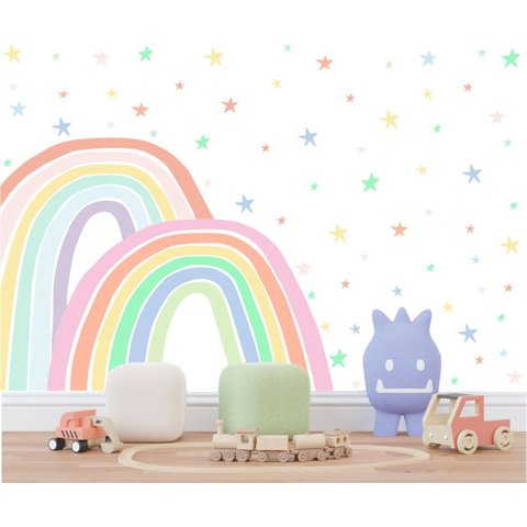 Adesivo de Parede Arco Iris Candy Color e Estrelas Boho