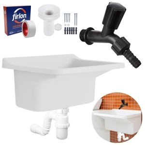Tanque de Plástico 34l para Lavanderia Branco + Sifão Copo Universal Sanfonado + Fita Veda Rosca + T