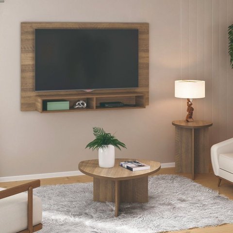 Sala de Estar Completa com Painel para TV até 42 pol com Mesa de Centro e Mesa Lateral Delta Oval Marrom 100% MDF