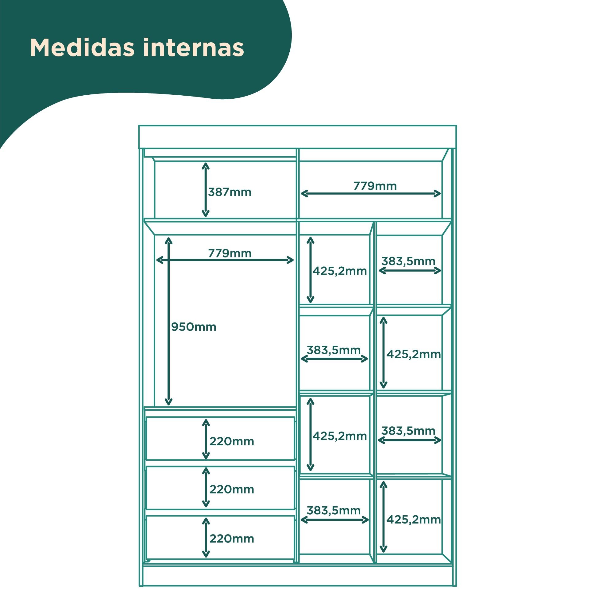 Guarda-roupa Casal Bagda 3 Portas 3 Gavetas - 6